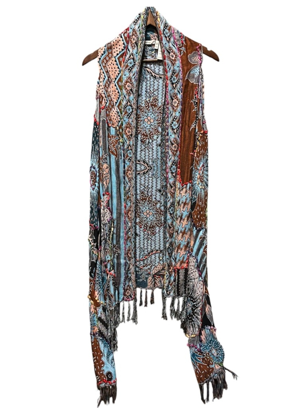 Soft Surroundings Long Boho Duster Vest Mixed Print Embroidered Fringe One Size